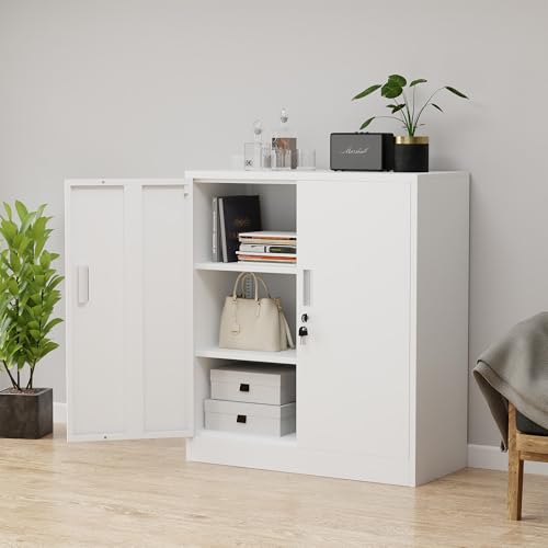 Metal Storage Cabinet with Locking Doors and 2 Adjustable Shelves, Small Lockable Storage Cabinet for Home Office Garage (Black)