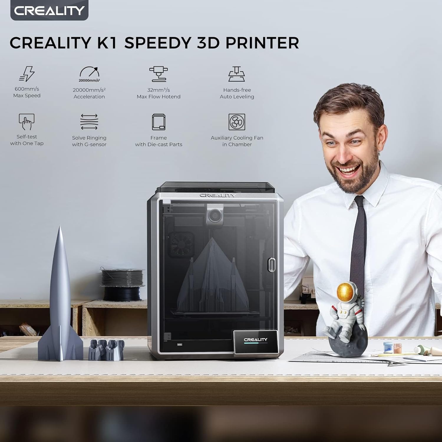 Creality K1 3D Printer 600mm/s Printing Speed 32mm³/s Max Flow Hotend 300°C High-Temperature Nozzle Direct Extruder Auto Leveling Self-Test with One Tap Solve Ringing with G-Sensor with Hyper Blue