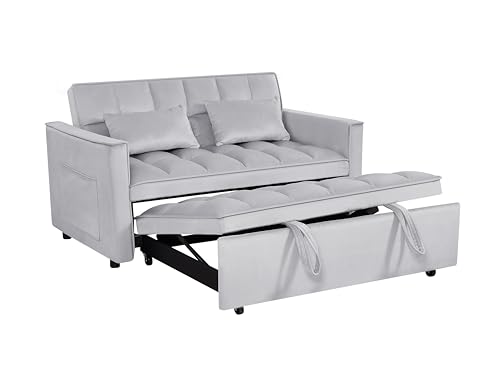 3 in 1 Convertible Sleeper Sofa Bed,Futon Loveseat Couch with Pull-Out Bed & Adjustable Backrest,Velvet Fabric Sofa with Side Pocket for Small Apartment, Living Room, Office (Black)