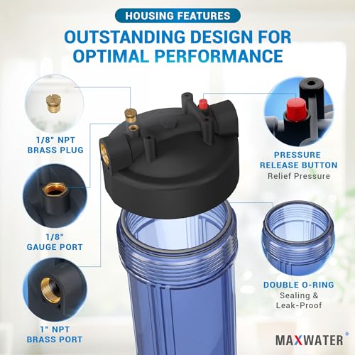 Max Water Whole House 20" x4.5" Purple Clear WH Water Filter Housing 1 inch Inlet/Outlet Ports Wrench and Bracket