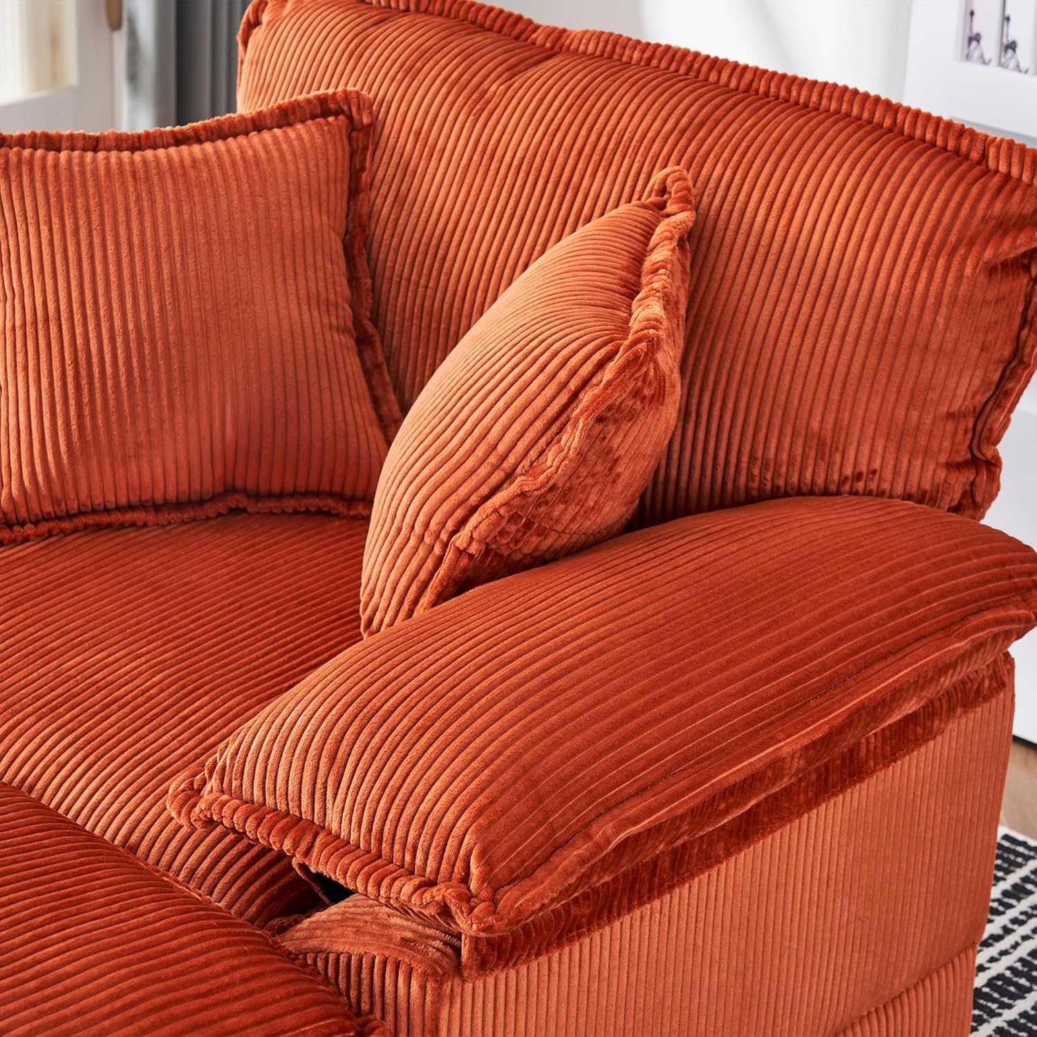 56.3'' Oversized Chaise Lounge Indoor, Wide Corduroy Single Sofa Chair with Ottoman, Plush Upholstered Deep Seat, Lazy Sleeper Sofa for Living Room, Apartment, Salon, Home Theater, Orange