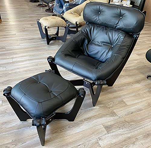 IMG Luna High Back Black Leather Chair and Ottoman - Prime P301 Black Leather Espresso Wood