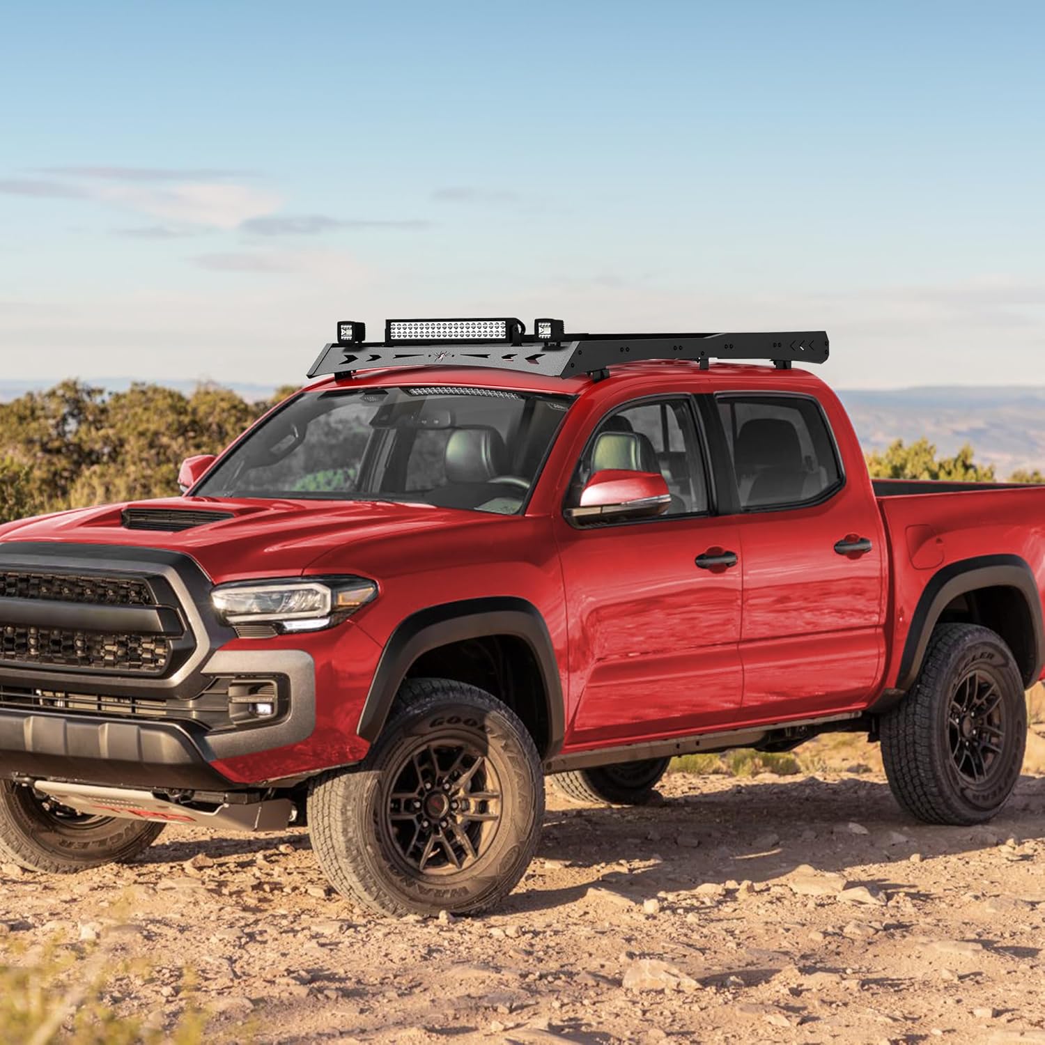 Roof Rack for Tacoma Roof Rack Cargo Carrier Heavy Duty Top Roof Basket Rack Extension with 2 X 18W LED Lights and 1 X 144W Light Bar Fit for Toyota Tacoma 2005-2022
