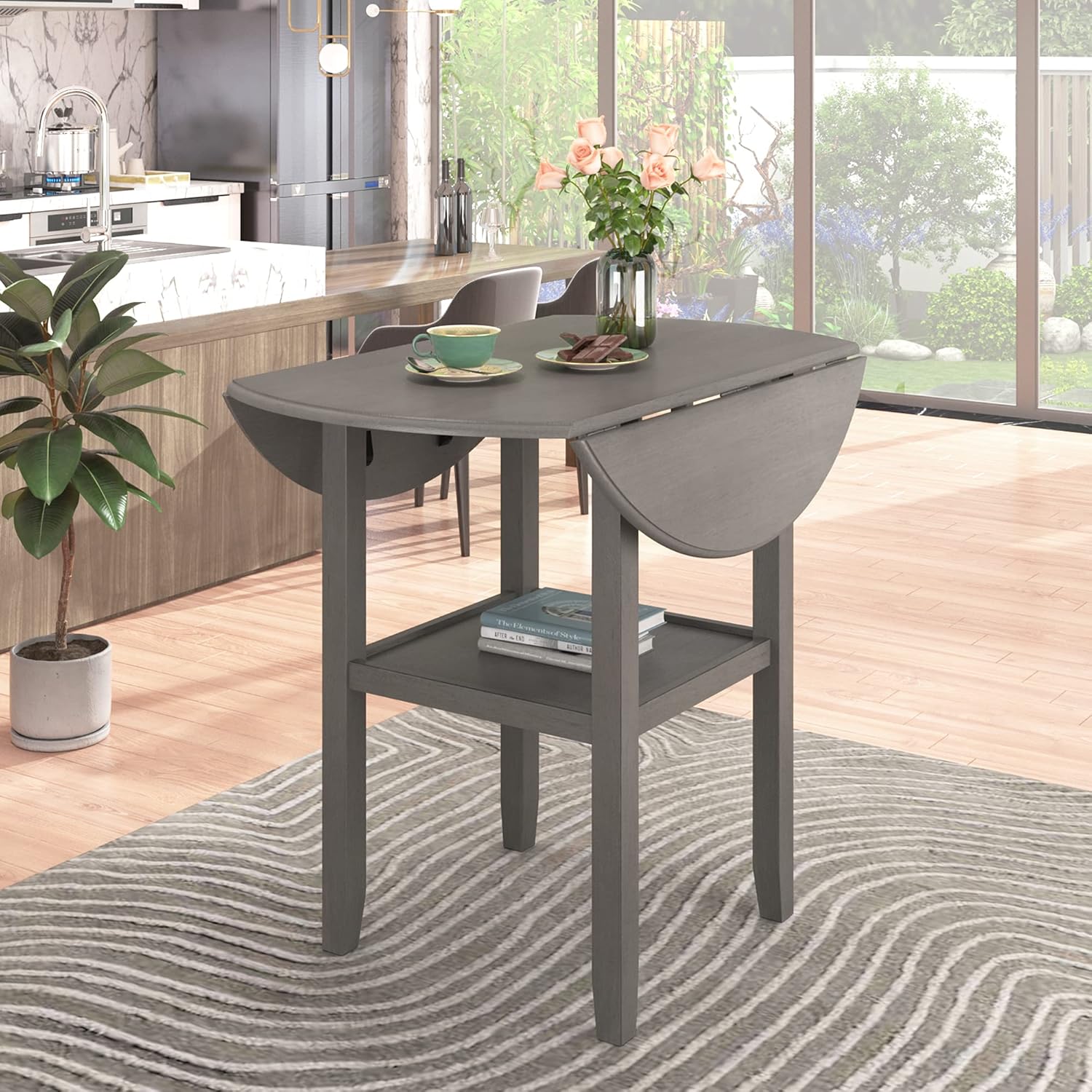 LUMISOL Farmhouse 3 Piece Round Counter Height Kitchen Dining Table Set with Drop Leaf Table, 1 Shelf and 2 Cross Back Padded Chairs for Small Places, Gray