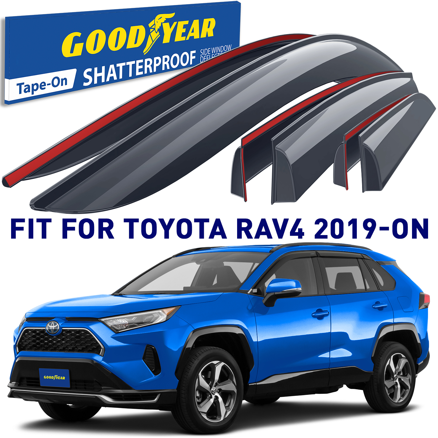 Goodyear Shatterproof Window Deflectors for Toyota RAV4 2019-2024, Tape-on Rain Guards, Window Visors, Vent Deflector Visor, Car Accessories, 6 pcs. - GY008719