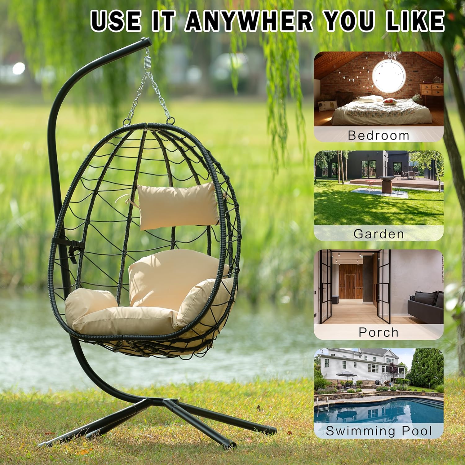 Indoor outdoor egg chair with stand, rattan hanging outdoor hanging chair with cushion, egg shaped hanging basket hammock chair for bedroom, living room and balcony