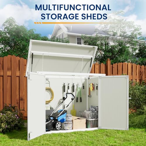 Amopatio 41 Cu Ft Outdoor Storage Shed, Horizontal Resin Trash Can Storage, Weather Resistance, Storage Box with Floor Included for Garden Tools, Lawn Mowers, Garbage Cans, Patio Use, Sandstone