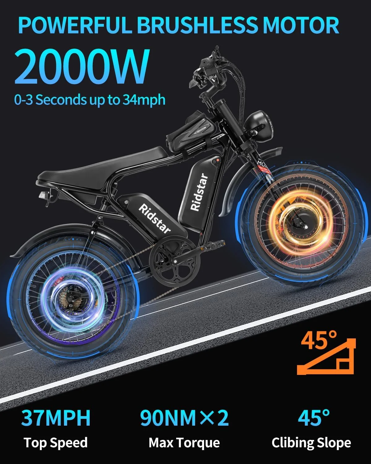Electric Bike for Adults Ridstar,  52V/40Ah Battery 20" Fat Tire Electric Motorcycle,750W Electric Bike with Removable E-Bike Shamano 7 Full Suspension Electric Bicycle UL2849