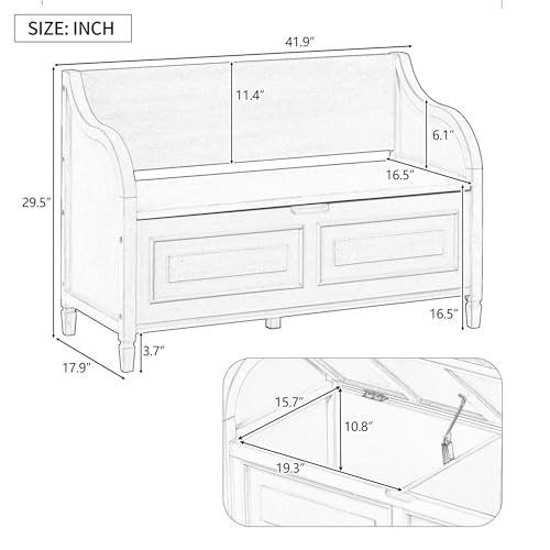 P PURLOVE 42 Inch Rustic Style Storage Bench with Safety Hinge,Solid Wood Entryway Multifunctional Storage Bench Shoe Bench with Removable Cushion for Living Room,Bedroom