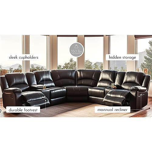LY&S Home Collection Sectional Reclining Sofa, Sectional Couches for Living Room, Modular PU Leather Manual Recliner Sofa Livingroom Furniture Sets (Black)