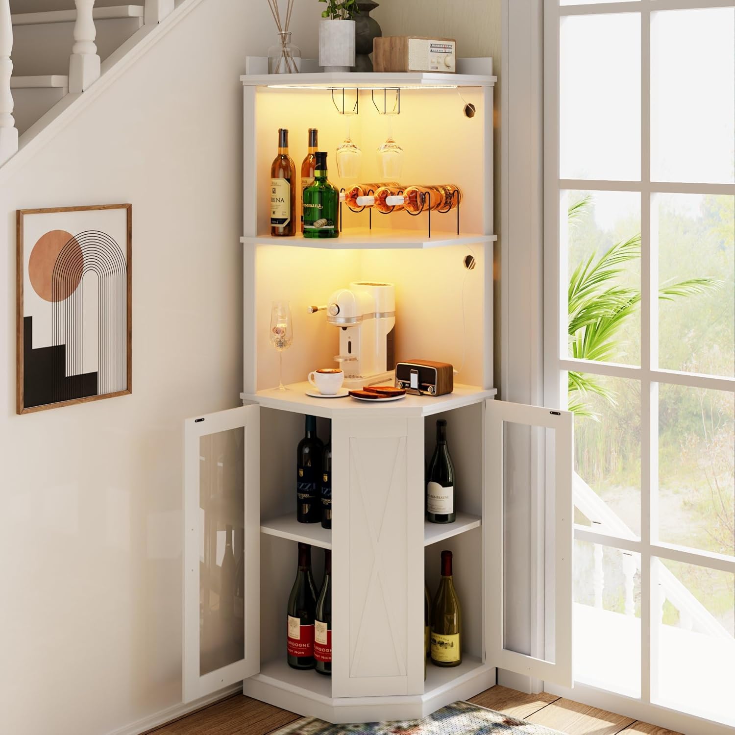 67.7" Corner Bar Cabinet, Modern Wine Bar Cabinet with Shelves for Dining Room, Living Room, Kitchen