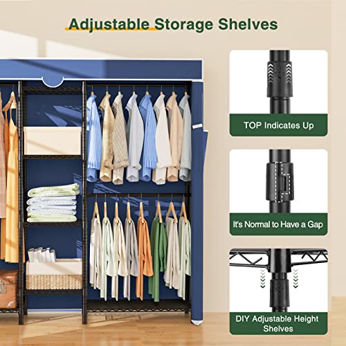 LEHOM G6C Heavy Duty Clothes Rack with Cover, Wire Garment Rack for Hanging Clothes, Compact Closet Storage Clothing Rack with Blue Oxford Fabric Cover, Adjustable Hanging Clothes Racks for Bedroom