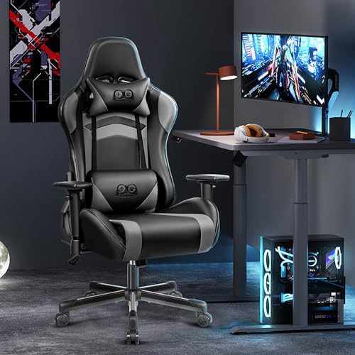 Black Gaming Chair, Ergonomic Computer Chair, Height Adjustable Game Chair, Racing Style Gamer Chair with Headrest and Lumbar Support (Blackgray)