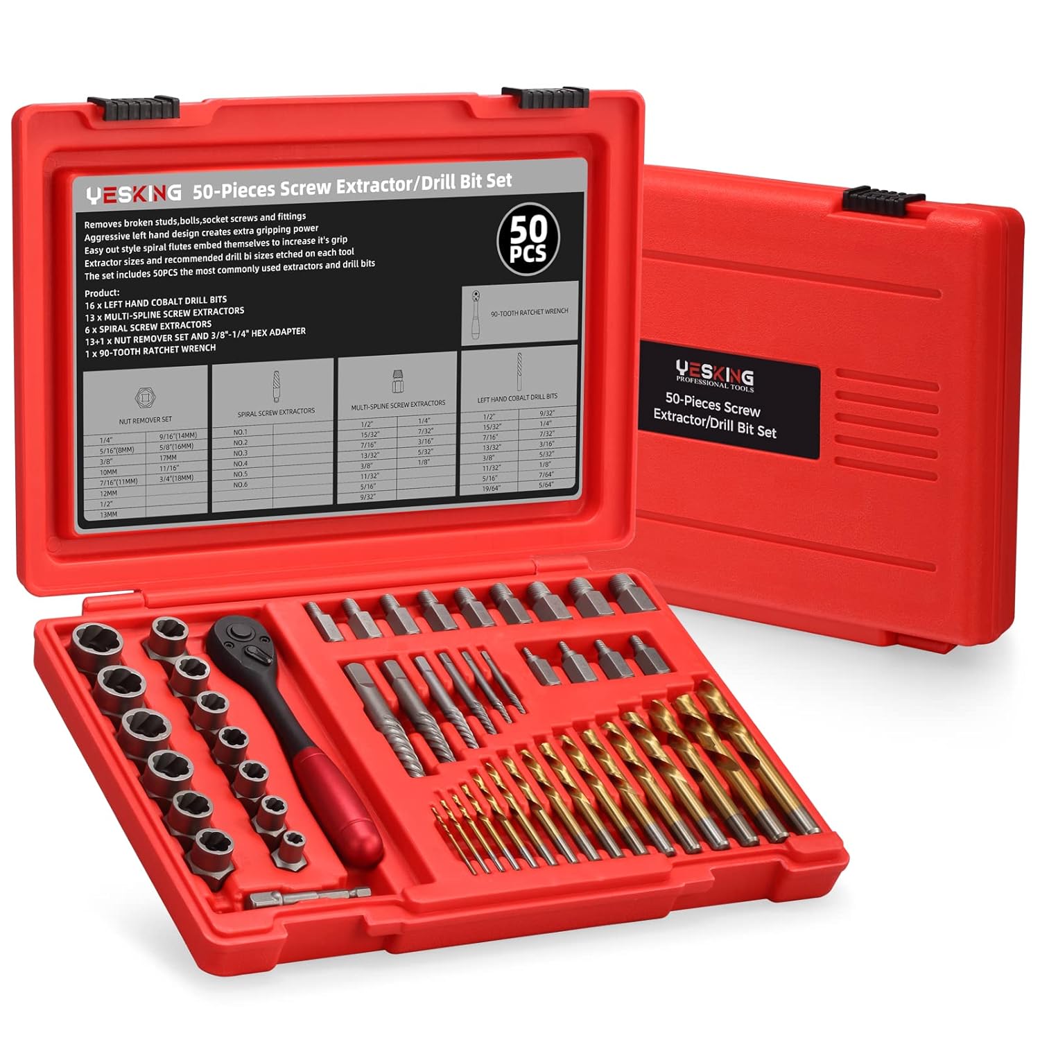 YESKING 50-Piece Screw Extractor and Drill Bit Set, Multi-Spline Extractors, Bolt extractors, Drill Bits and Stripped Nut Remover for Removing Broken Studs, Bolts, Socket Screws, and Fittings