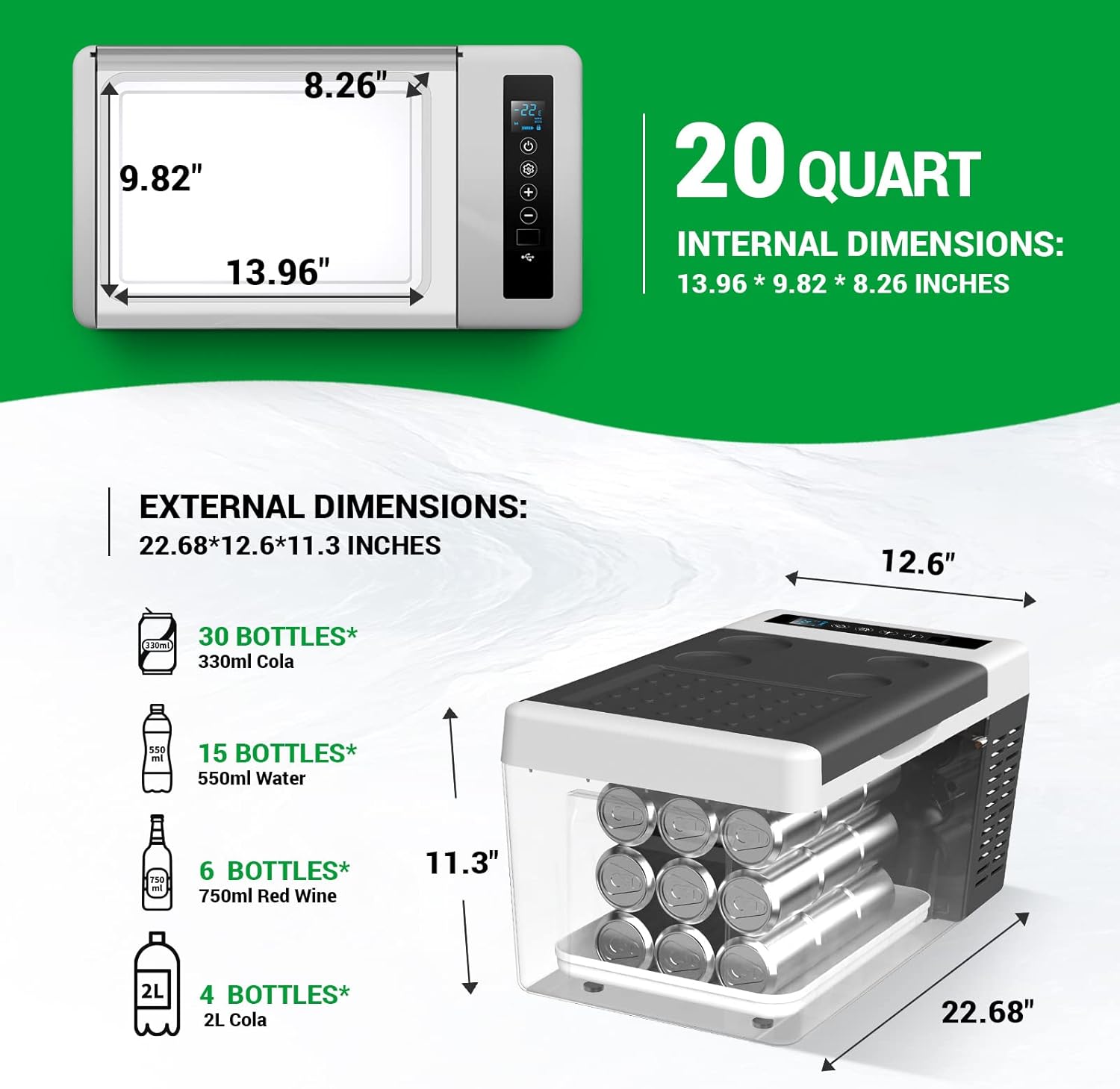 F40C4TMP Portable Refrigerator 20 Quart 12 Volt Freezer (-7.6℉~50℉) 18L Car Fridge With Compressor 110-240V AC For Camping, Truck, RV, Travel, Boat and Home Use