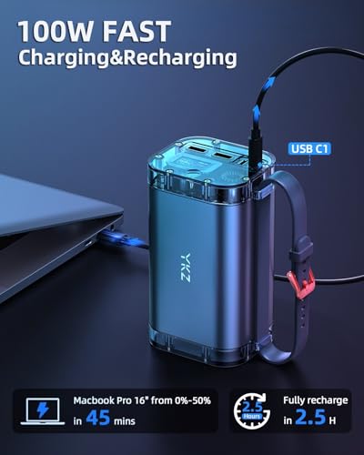 YKZ 100W Laptop Portable Charger 40000mAh, Waterproof Big Power Bank with Digital Display 5 Modes Lighting, USB C PD Battery Pack for Outdoor Camping Road Trips and Emergency Home Backup