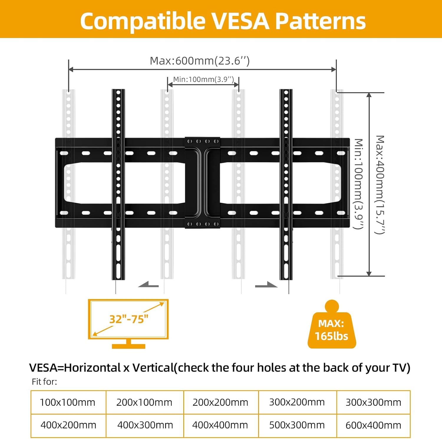 Fixed TV Wall Mount, Low Profile TV Mount for Most 32-75 inch TVs, TV Wall Mount Bracket Max VESA 600X400mm Up to 165lbs Fits 18”-24” Wood Studs, Quick Release Lock Pack of 2