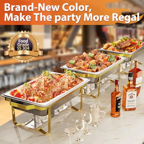 ROOMTEC Chafing Dishes for Buffet 4 Pack, 8QT 304 Stainless Steel Chafing Dish Buffet Set, Chafers and Buffet Warmers Sets for Birthday, Wedding, Rolled-Edge Design, Gold and Silver