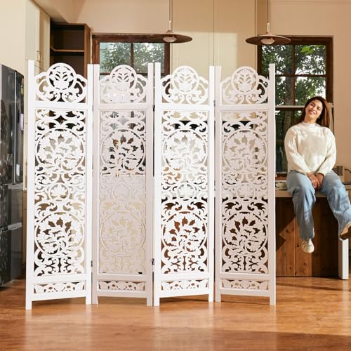 5.75Ft Room Divider Wood Carved Wall Divider Indoor Folding Portable Partition Screen for Home Office Garden Terrace - 4 Panel (Antique Brown)