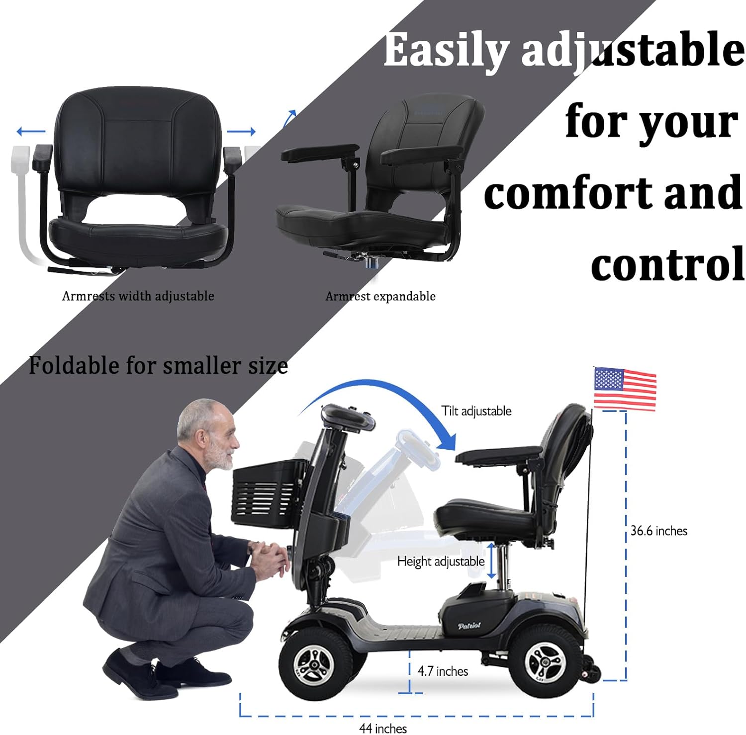 4 Wheel Mobility Scooter Foldable Mobility Scooter for Adults & Seniors 300 lbs Capacity Compact for Travel Long Range Power Extended Battery with Charger Basket and Front LED Light -Grey