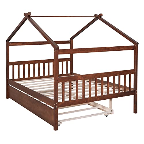 Full Size House Bed for Kids, Montessori Bed Full Size Platform Bed Frame with 2 Drawers, Headboard and Footboard, Solid Wood Full Storage Bed for Girls & Boys (Full, Gray)