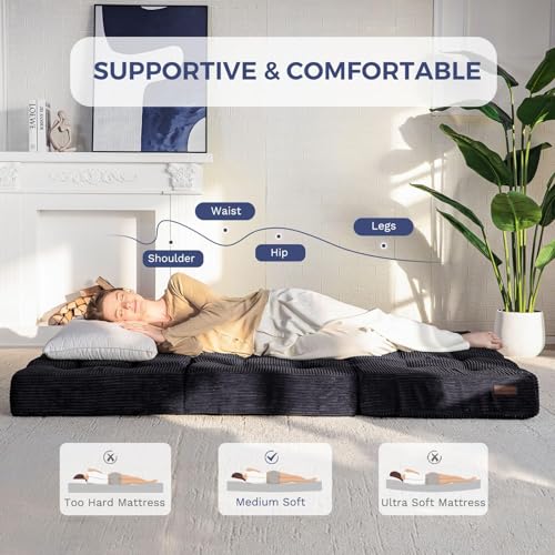 MAXYOYO Tri-Fold Mattress, 6 Inch Tufted Folding Mattress Full Foam Bed, Foldable Floor Mattress Guest Bed Mattress Topper Portable Camping Sleeping Bed with Corded Fabric, Black, 53"x75"