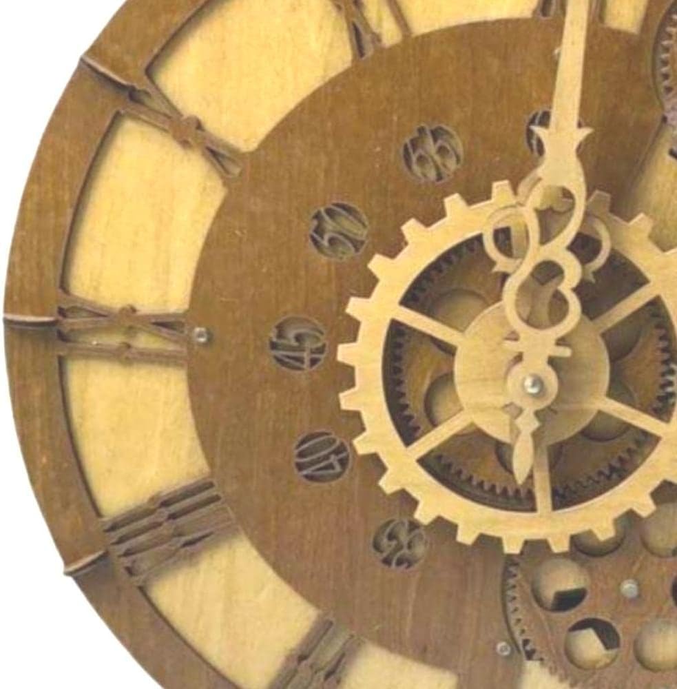 15 Inch Industrial Steampunk Wall Clock, Rustic Farmhouse Style, Retro Mechanical, Moving Gears, Wood, 3D Minimalist Skeleton, Antique Vintage Roman & Arabic Numerals, Battery Powered