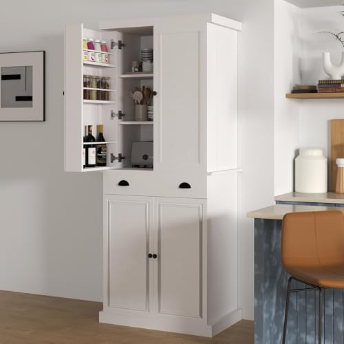 HollyHOME 72" Kitchen Pantry Cabinet, Storage Cabinet with 4 Doors and 1 Drawer, Freestanding Cupboard with Adjustable Shelves and 6 Door Shelves for Kitchen, Dining Room, Living Room, White