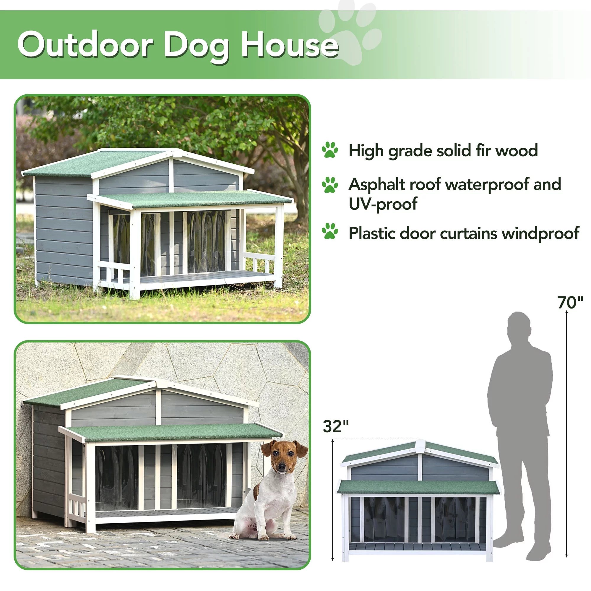 Soges 47" Large Wooden Dog House Outdoor, Pet Log Cabin Home With Porch Deck for Large/Medium Dogs, Gray&Green