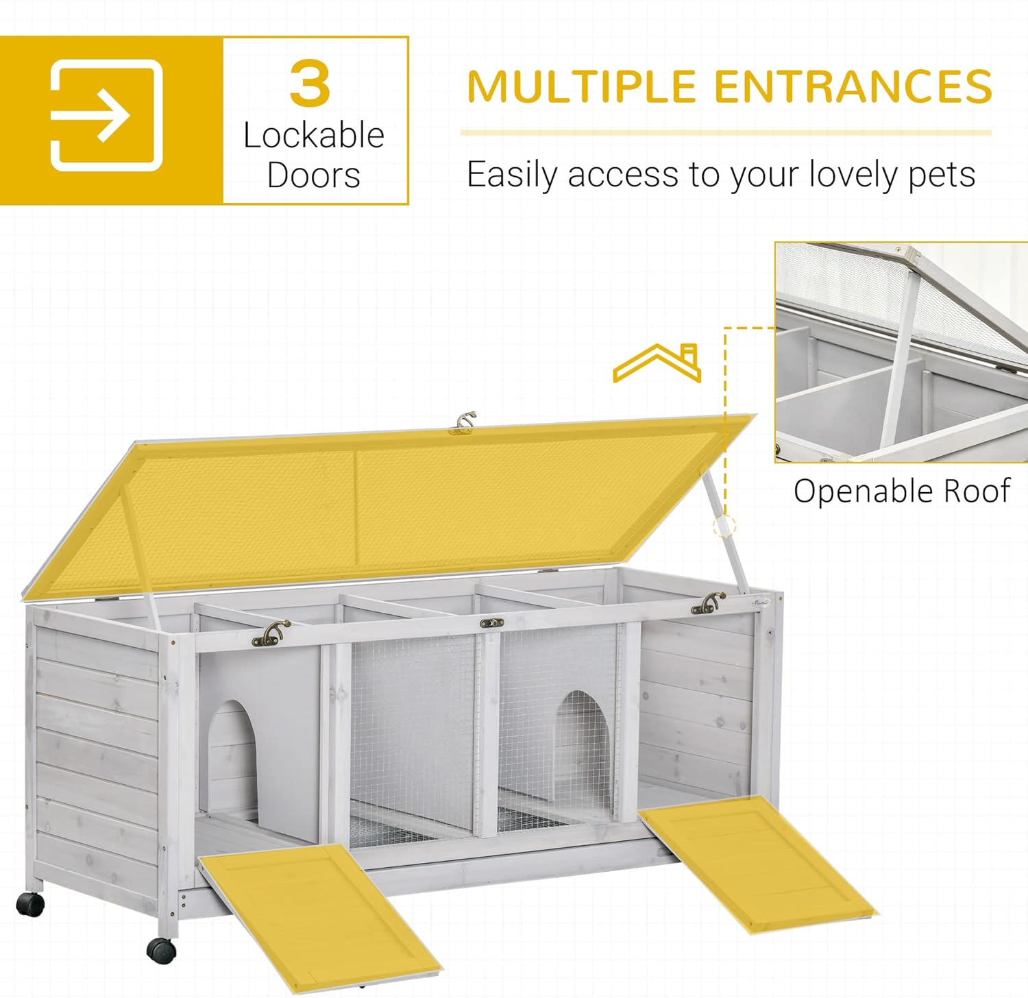 Wooden Rabbit Hutch, Bunny Cage with Wheels, Dividers, Openable Roof, Removable Trays, Small Animal Cages for 1-2 Rabbits, Indoor Outdoor Use, Light Gray