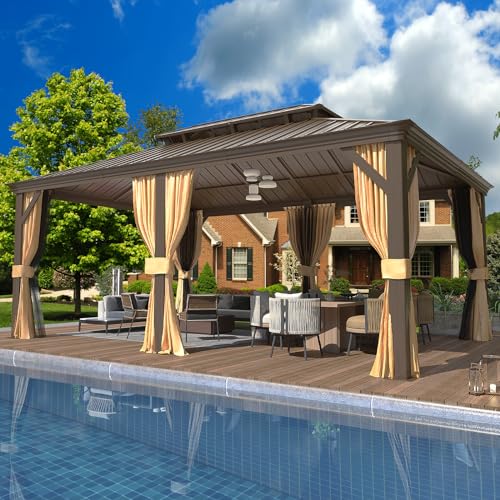 EROMMY 14'x20' Hardtop Gazebo Double Roof Galvanized Steel Canopy Outdoor Aluminum Frame Permanent Metal Pavilion with Netting and Curtains for Patio Backyard Deck and Lawns