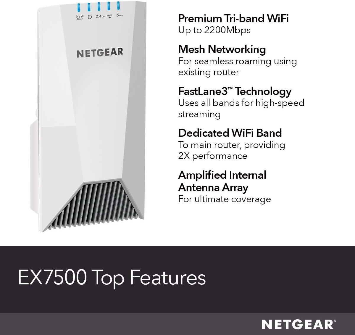 NETGEAR WiFi Mesh Range Extender EX7500 - Coverage up to 2300 sq.ft. and 45 devices with AC2200 Tri-Band Wireless Signal Booster & Repeater (up to 2200Mbps speed), plus Mesh Smart Roaming