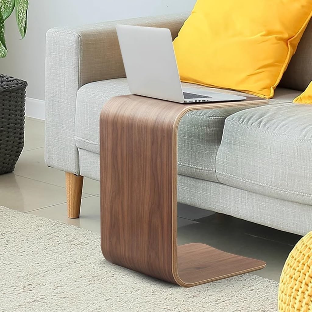 Modern Wooden C-Shaped Sofa Side Table Rectangular Small Walnut Wood Snack Coffee Table, Compact Accent End Table for Livingroom Couch Bedroom