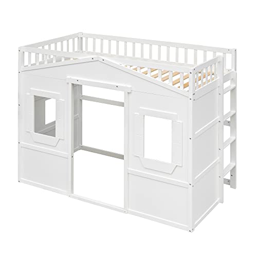 Full House Loft Bed Frame for Kids, Wood Full Loft Bed with Windows and Guardrail, Playhouse Bed, Full Size Loft Bed for Boys & Girls, No Box Spring Needed, Underbed Height is 51 Inches, White