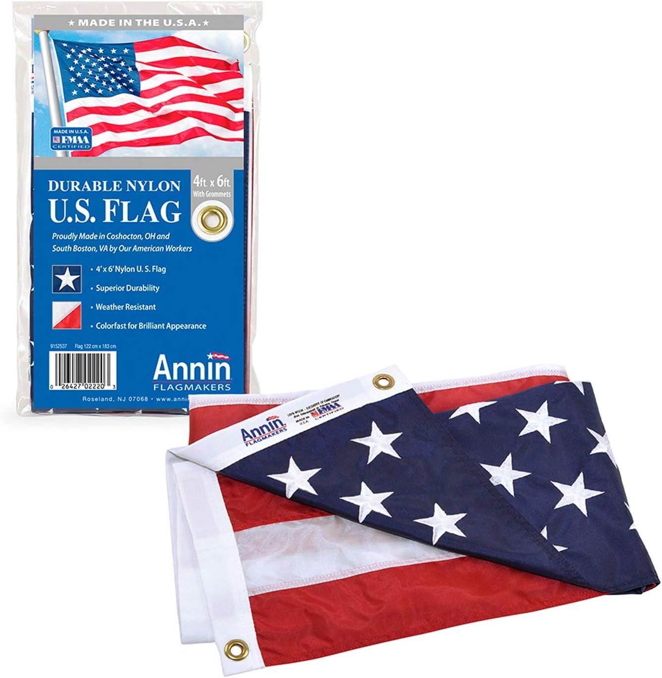 Annin & Co Model 2460 American Flag Nylon SolarGuard NYL-Glo, 3x5 ft, 100% Made in USA with Sewn Stripes, Embroidered Stars and Brass Grommets