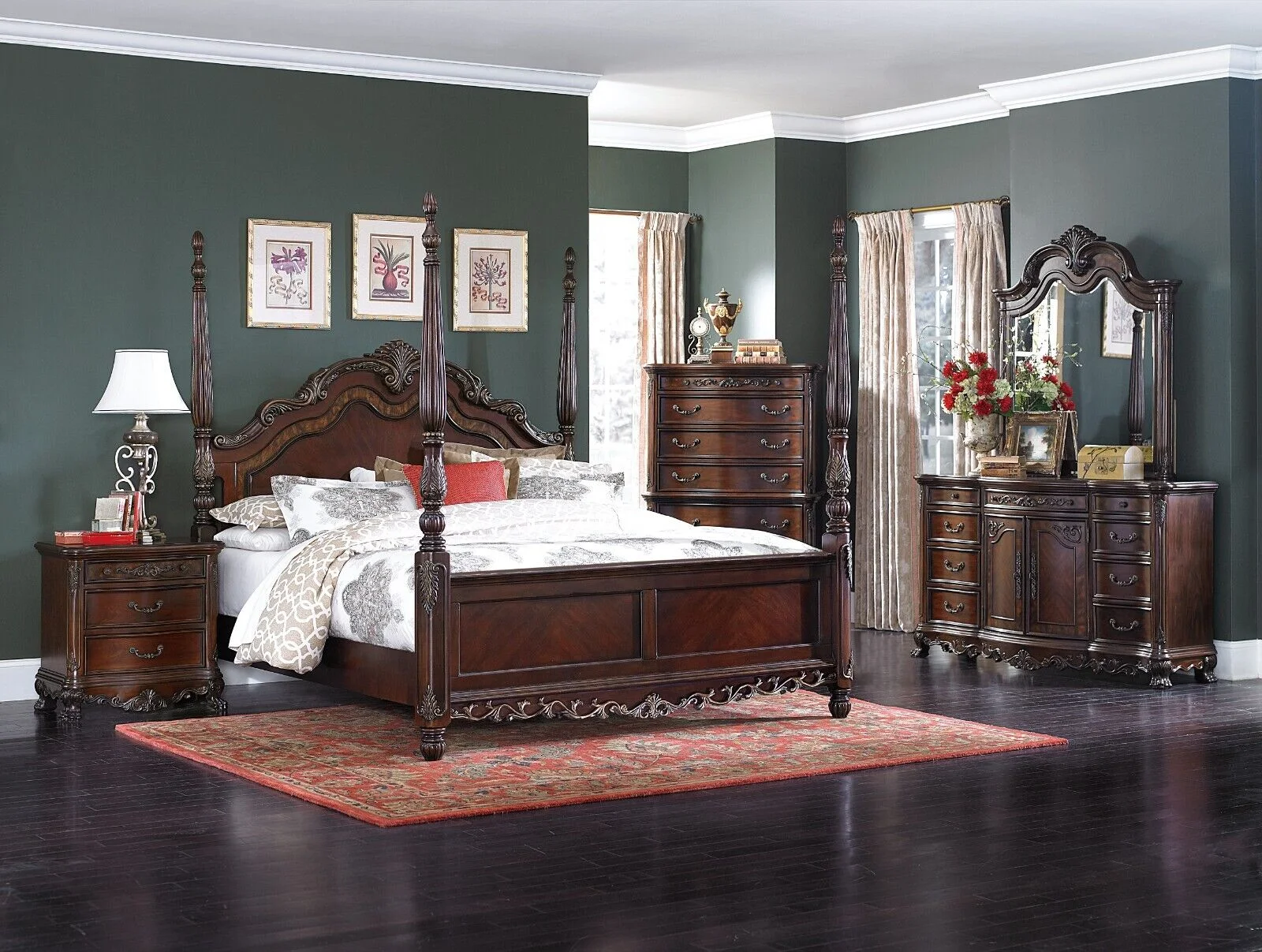 Formal Bedroom 5pc Queen Poster Bed Dresser Nightstands Mirror Set Traditional Style Cherry Finish