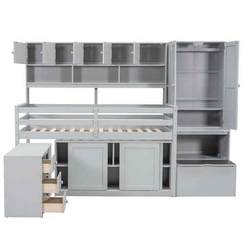 Loft Bed Twin Size, Twin Loft Bed with Rolling Desk and Drawers, Shelves and Wardrobes - Large Storage Space, Shelves and Wardrobes - Space Saving, Low Wood Loft Bed for Bedroom (White)