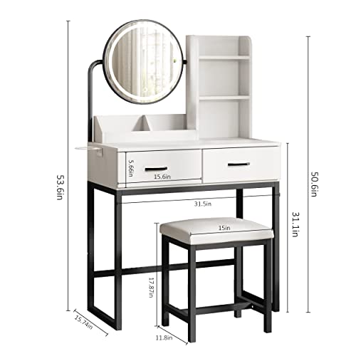 Makeup Vanity Desk with Round Mirror and Lights, White Vanity Makeup Table with Hair Dryer Rack, Small Vanity Table for Bedroom with Lots Storage (Brown and Black, 15.75 * 31.5 * 53.6in)
