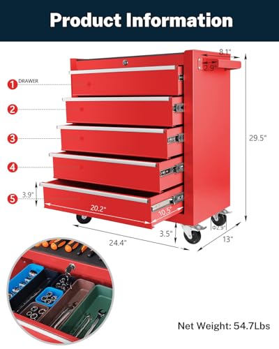 Heavy-Duty 7-Drawer Rolling Tool Chest with Wheels, Steel Tool Storage Cabinet with Lock & Liner for Workshop for Workshop/Garage - Includes 7 Organizer Boxes, Black