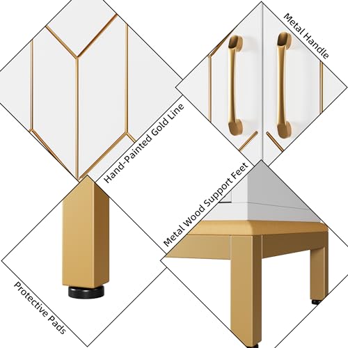 Accent Storage Cabinet with Doors, Freestanding Floor Cabinet, Sideboard Buffet Cabinet with Gold Lines, Carved Decorative Cabinets for Living Room, Kitchen, Office White with Gold Legs