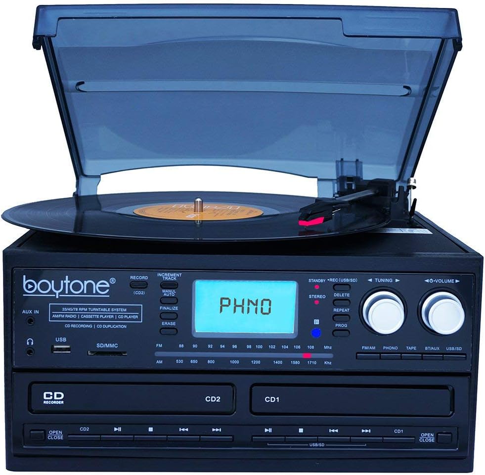 Boytone BT-29B, Bluetooth Dual CD Player, Recorder CD2 to CD1, AM/FM Radio Turntable Record Player 2 Built-in Stereo Speakers, Cassette Player, SD Slot, USB, AUX, Headphone Jack, Limited Edition