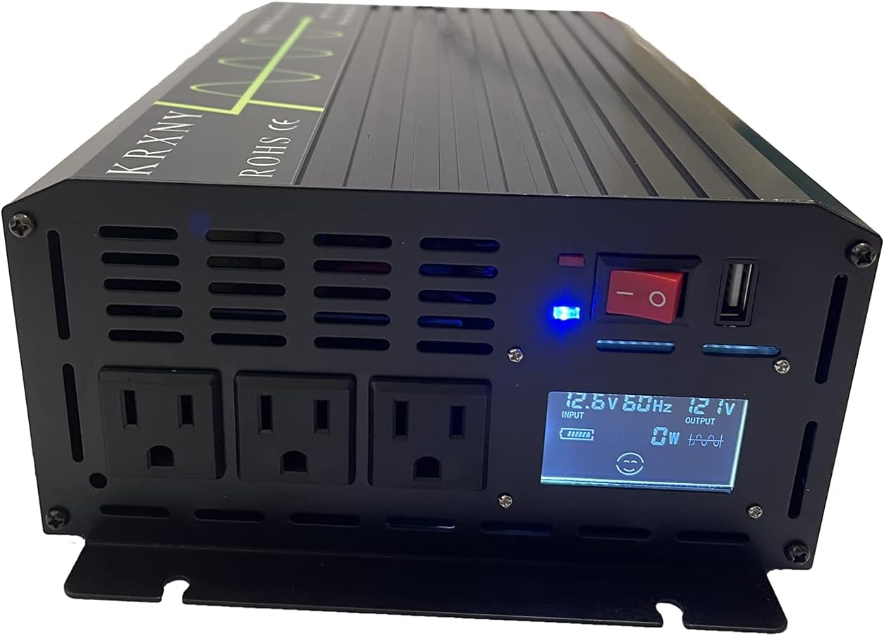 KRXNY 1000W Pure Sine Wave Power Inverter 12V DC to 110V 120V AC 60HZ with USB Port for Car/RV Home Solar System