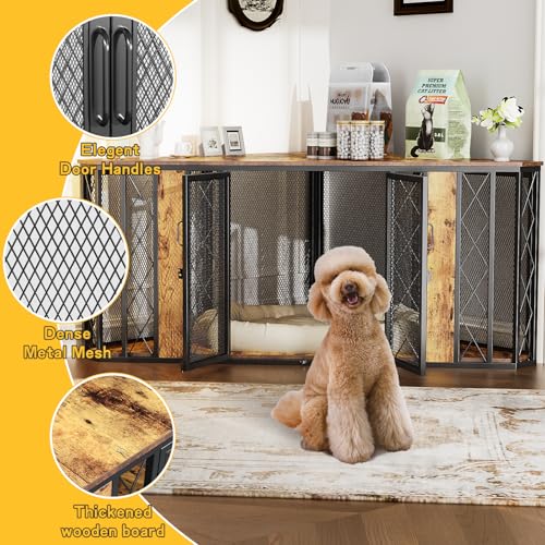 48'' Dog Crate Furniture with Removable Divider & Storage Drawers, Wooden Double Dog Cage TV Stand with 2 Sliding Barn Doors, Multi-Functional Dog Crate End Table for Indoor use (White)