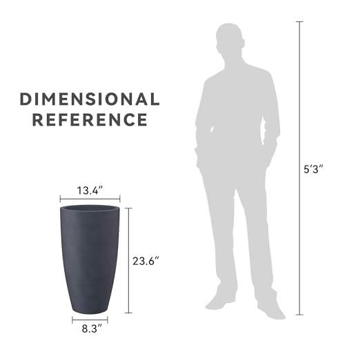 Kante 23.6" H Charcoal Concrete Tall Planters (Set of 2), Large Outdoor Indoor Decorative Plant Pots with Drainage Hole and Rubber Plug, Modern Style for Home and Garden