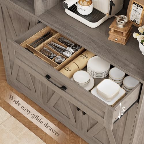 HOSTACK 71" Tall Kitchen Pantry Storage Cabinet, Farmhouse Food Pantry Cabinet with Microwave Stand, Barn Doors Kitchen Hutch with Large Drawer and Shelves for Dining Room, Ash Grey