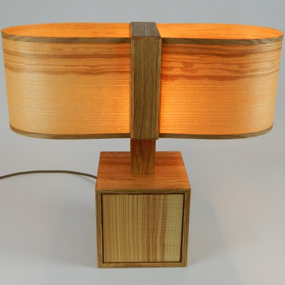 Table Lamp, Minimalist Lamp, Wood Bedside Lamp, Bedside Lamp, Wooden Lamp, Warm Light, Decorative Lamp, Veneer Lamp, 20"W x 18"H x 8"D, Night Light Lamp for Living Room, Wood Art, Oak, Olive Ash