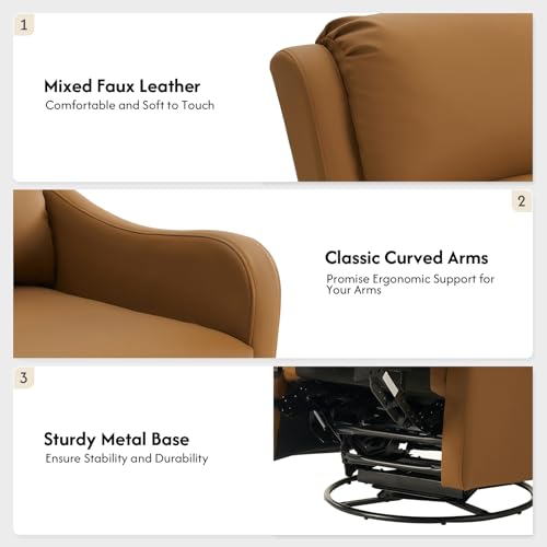 HULALA HOME Swivel Rocker Recliner Chairs Set of 2, Comfy Faux Leather Manual Recliners with Padded Seat Backrest,360° Swivel Glider Recliners for Living Room Bedroom Nursery, Camel