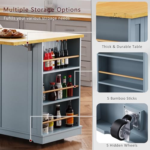 53" Rolling Large Kitchen Island Set with Power Outlet,Mobile Carts with Storage Cabinet,Extra Drop Leaf,3 Drawers and 5 Open Side Racks,Wood Table for Dining Room (Island & Stools)