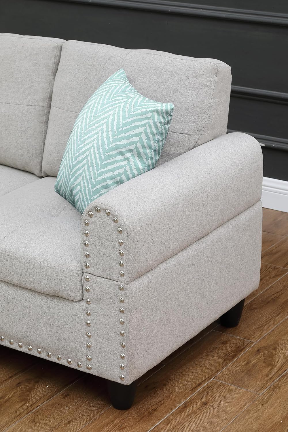98" Left Hand Facing Sofa & Chaise with Storage Ottoman and Rounded Arms, L-Shaped Upholstered Corner Couch w/Cup Holders & 2 Toss Pillows for Living Room, Office, Apartment, Light Gray