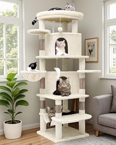 Globlazer Corner Cat Tree for Large Cats, 66inch Tall Curved Series Large Cat Tower for Multiple Indoor Cats with 6 Scratching Posts, 2 Spacious Cat Condos, Hammock, Hanging Basket, C66, Beige